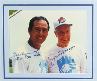 Joe DiMaggio Signed Color Photograph and Stats Display and Signed Photo of DiMaggio and Sadaharu Oh